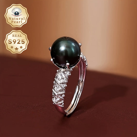 Elegant Vintage-Inspired MUFAN Open Ring featuring a Lustrous 8-9mm Black Pearl, made of S925 Silver. Perfect for Weddings and Birthdays in June. Comes with a Gift Box.