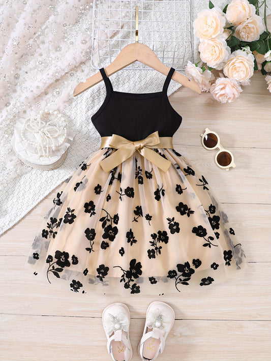 Girls Splicing Flower Graphic Cami Tutu Dress for Summer Party Gift