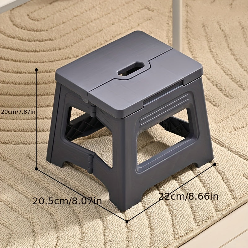 One piece of a square plastic folding stool that is adjustable - perfect for on-the-go use, slip-resistant, easy to store, can be used for various activities such as traveling and fishing, no assembly needed, suitable for individuals aged 14 and above