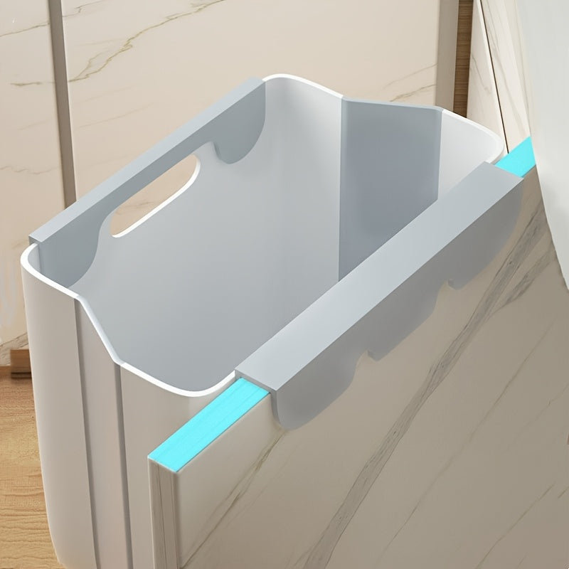 Compact folding plastic trash can for household use in various locations such as home, car, bedroom, and bathroom.