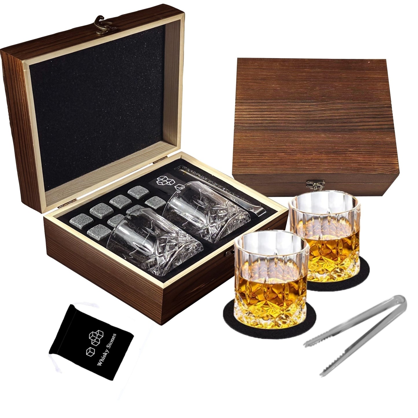 1 Set of Whiskey Glass Set with 8 Stones, 2 Glasses, Ice Tongs, Reusable Stones; Perfect Men's Gift for Father's Day or Anniversary; Ideal for Bar Parties