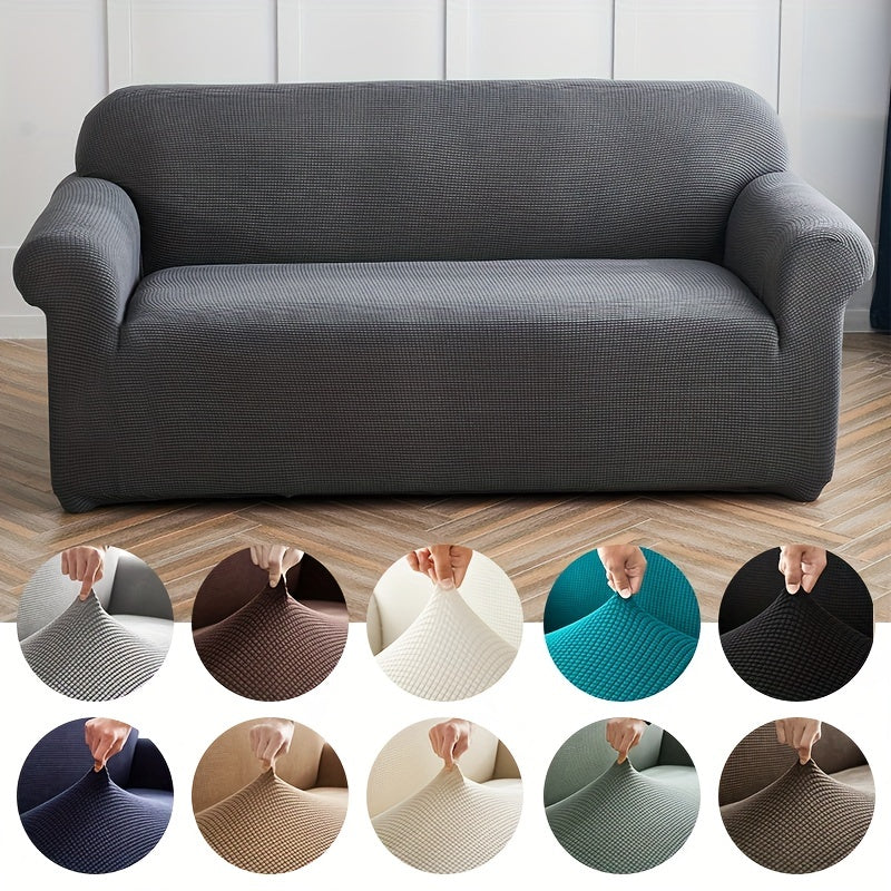 Modern Stretch Corn Velvet Sofa Cover in various sizes and colors, includes anti-slip bars, machine washable, and fits seamlessly on different types of sofas in the living room.