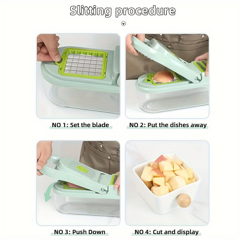 A versatile vegetable chopper set that includes a multifunctional fruit slicer, manual food grinder, and cutter with container. This onion chopper comes with multiple interchangeable blades for slicing and dicing. Perfect for home use, making potato