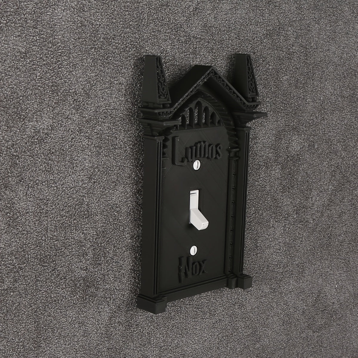 Easy-install 3D printed light switch cover for Halloween and holiday decor; no batteries needed. Unique black wall art for home, Halloween decorations.