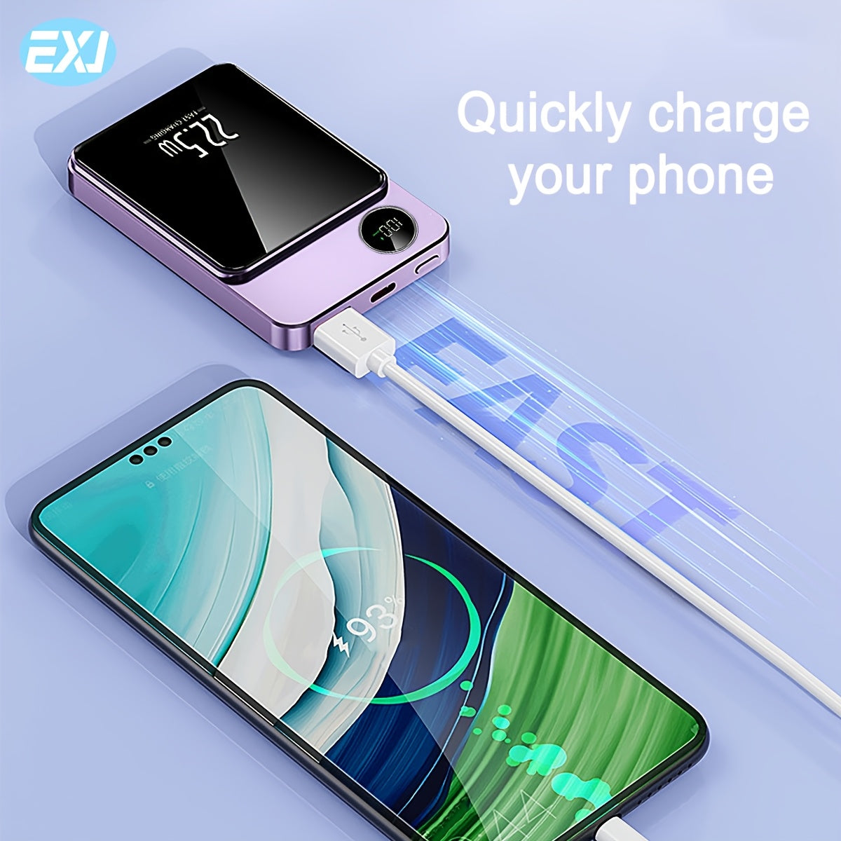 EXJ-PD 22.5W Magnetic Power Bank with USB-C cable, LED display, Mag-Safe, and PD fast charging for iPhone 16/15/14/13/12 models.