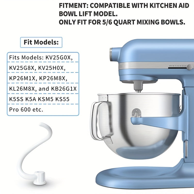 Efficiently knead your dough with this spiral coated dough hook, designed for stand mixers. Compatible with K5SS, K5A, KSM5, KS55, and Pro 600 models, this aluminum dough attachment is perfect for 5 qt and 6 qt lift stand mixers. Food safe and easy to