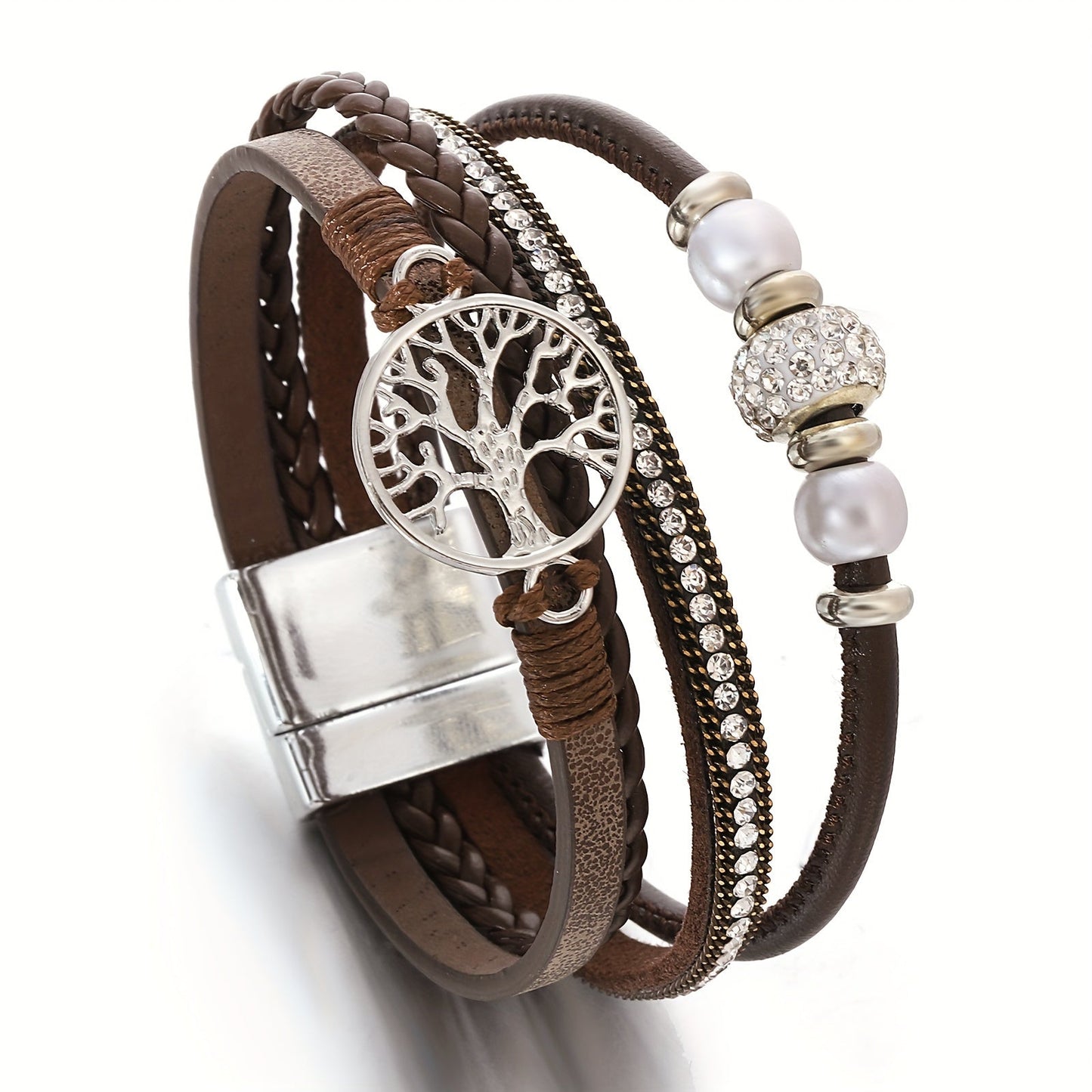 Chic Multi-Layer Faux Leather Wristband with Tree of Life Charm and Sparkling Rhinestones, Perfect for Everyday Wear or as a Thoughtful Birthday/Friendship Gift - Set of One