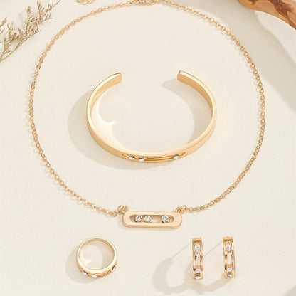 Zinc Alloy Jewelry Set with 5 Pieces, Featuring Simple Urban Fashion with Rhinestone Mosaic, Geometric Ellipse Design. Perfect for Daily Wear or Party Occasions. Includes Necklace, Bracelet, Earrings, and Pendant.