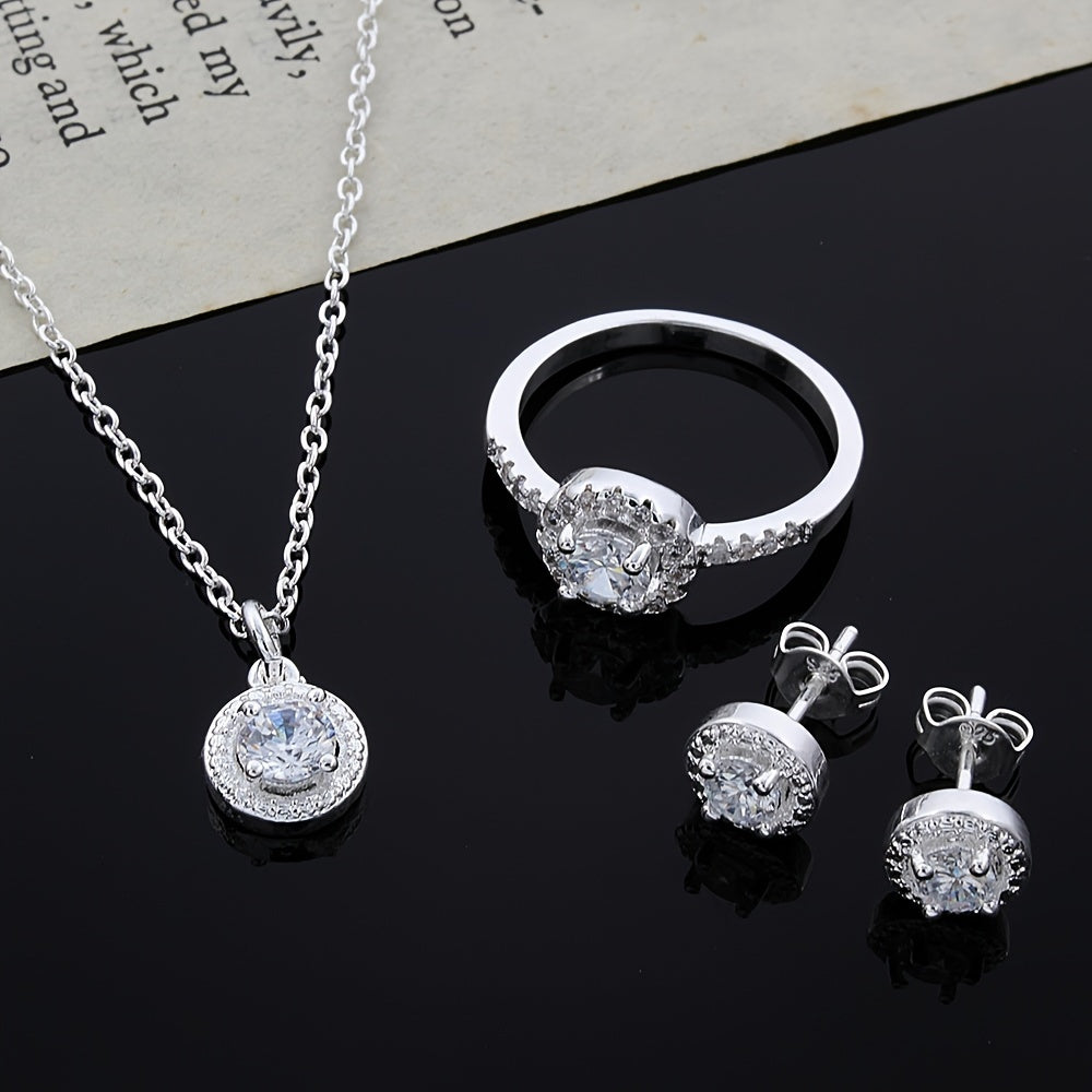 Women's Jewelry Set, featuring 925 Silver Plated Copper in a Cute Y2K Style, adorned with Synthetic Zirconia. Includes a Necklace, Ring, and Earrings perfect for both Daily Wear and Festive Celebrations. An ideal Christmas All-Season Accessory.