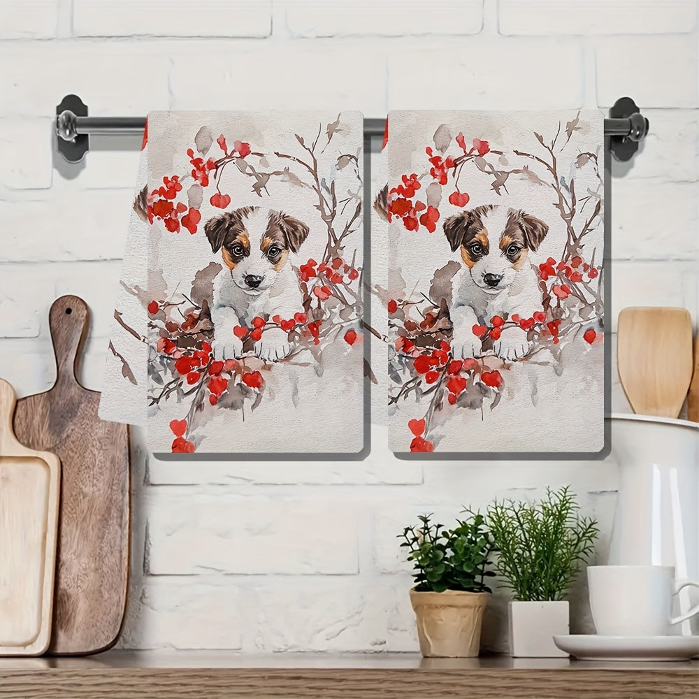 Set of 2 Ultra Soft Kitchen Towels featuring Cute Valentine's Puppy & Red Berries Design, with High Absorbency for Drying Dishes. Machine Washable, Modern Style, 40.64x60.96 cm - Ideal for Holiday Decor and Kitchen Use