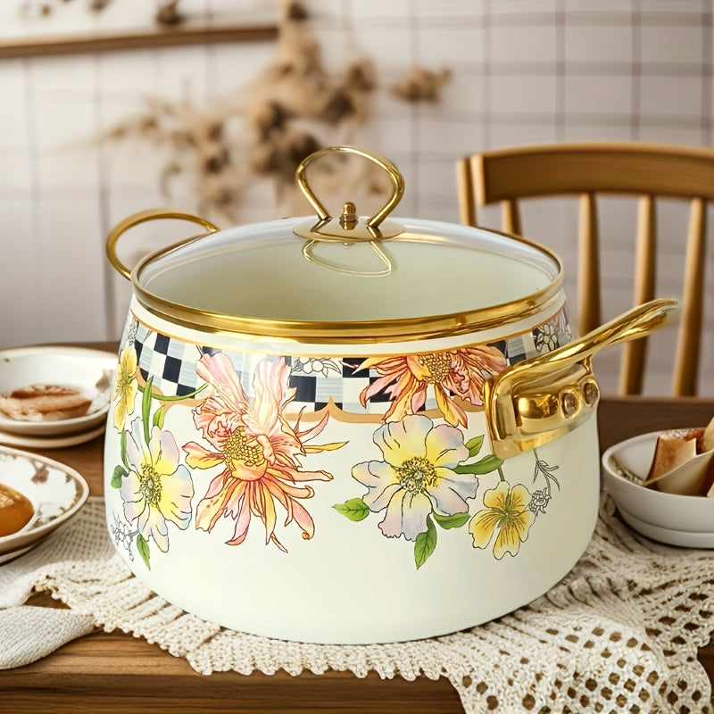 French Daisy Stockpot with Lid, featuring Enamel Coating and Induction Compatibility, adorned with a Beautiful Floral Design - No Electricity Required, making it Ideal for Cozy Fall Evenings.