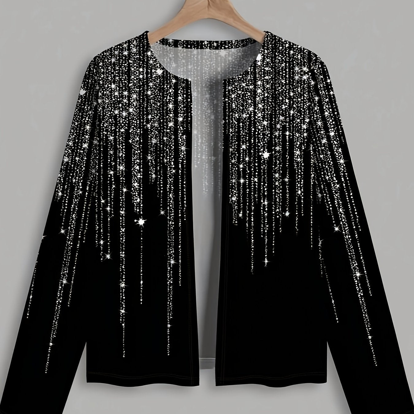 Women's elegant galaxy pattern cardigan with collarless open front, made from polyester knit fabric. This thin jacket has a slight stretch and is perfect for spring/fall fashion 2024.