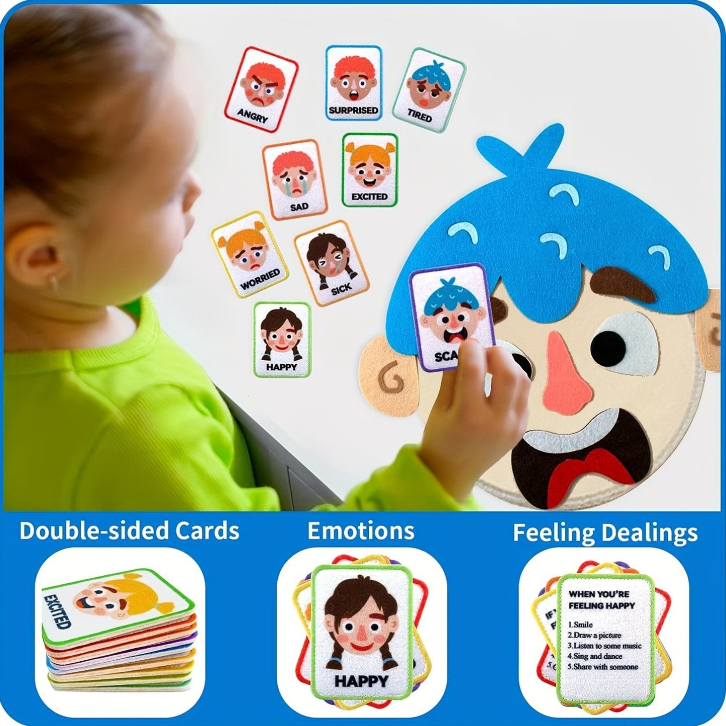 Children's Social-Emotional Learning Activity Set - Includes 86 Pieces: 2 Felt Boards, 9 Facial Expression Creation Papers. Preschool Educational Toy for Ages 0-3. Perfect Christmas Gift for Boys and Girls.