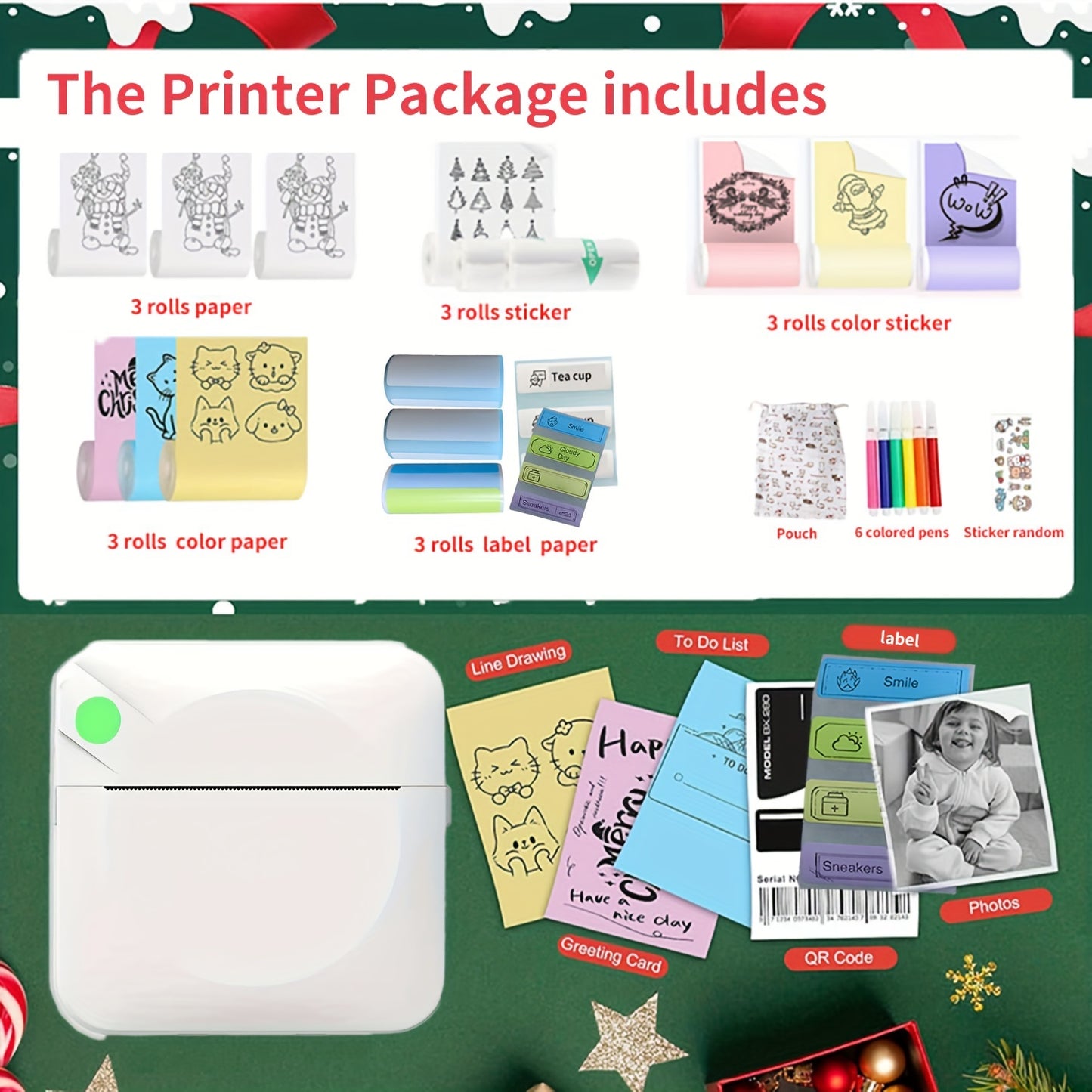 C17 Multifunctional Mini Portable Thermal Wireless Pocket Printer includes 3 rolls each of thermal, non-adhesive, color, color non-adhesive, and label paper. Can print pictures, photos