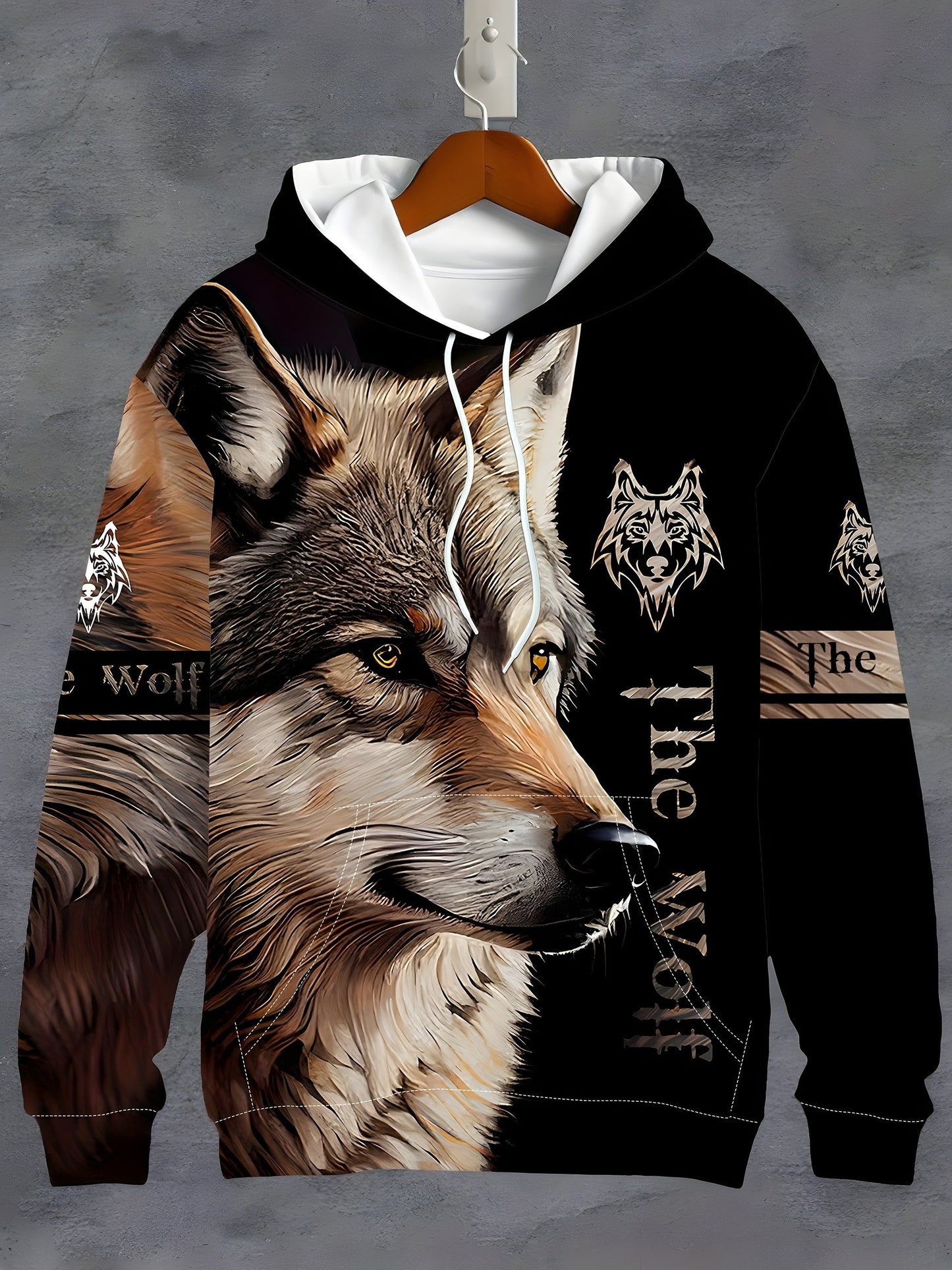 Plus size men's hoodie with wolf print, casual drawstring, machine washable.