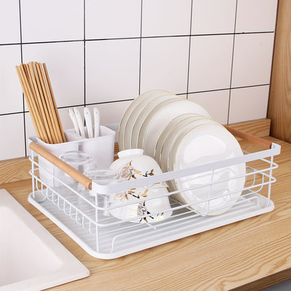 LDQ Single-Tier Dish Rack with Removable Cutlery Holder, Drip Tray, Wooden Handle, White, Large Capacity, Rustproof, Kitchen Counter Organizer