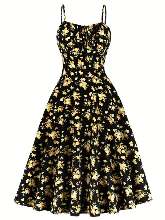 Women's vintage floral dress made of 100% polyester with spaghetti straps, faux drawstring detail, and A-line pendulum style, perfect for parties and casual wear. Ideal for summer.