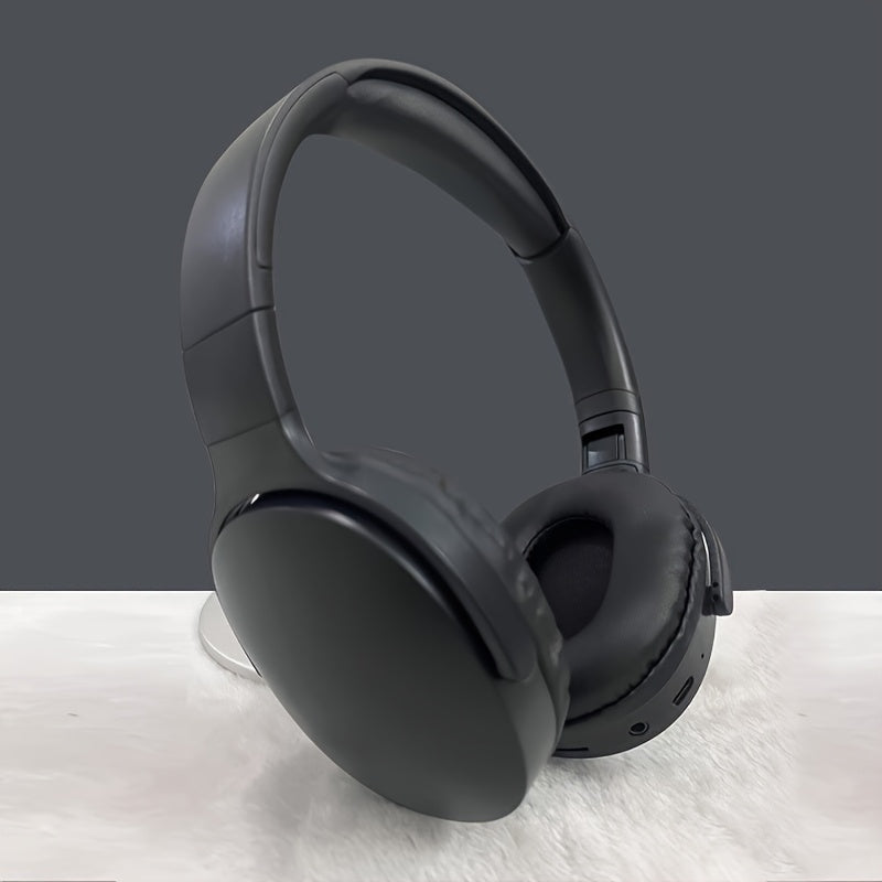 Wireless earphones with AUX port, foldable design for various uses, wireless connectivity and volume control.