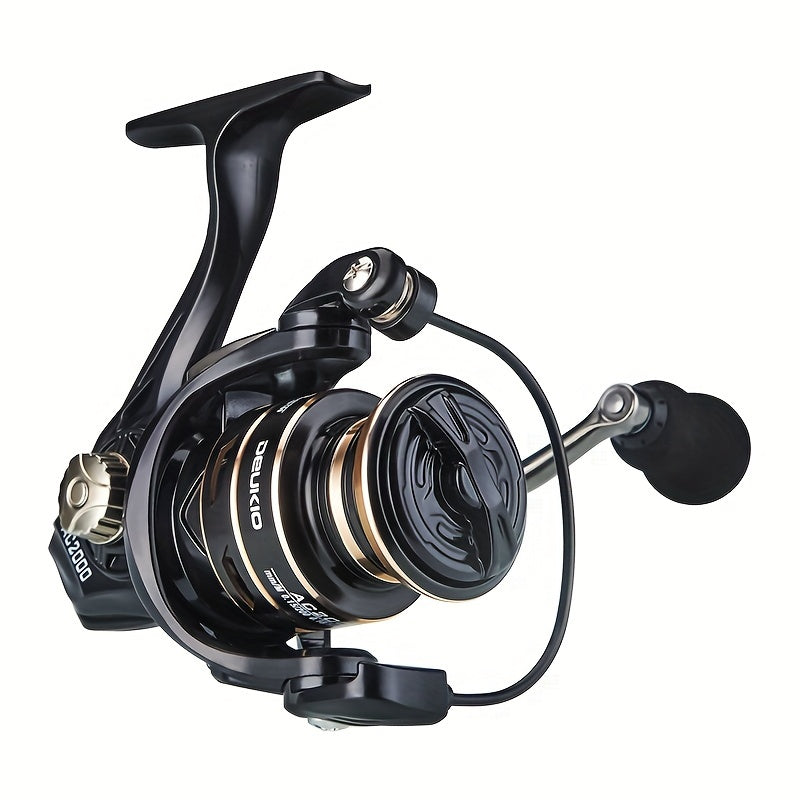 DEUKIO Ambidextrous Spinning Fishing Reel in black with 5.2:1 gear ratio and durable metal construction, suitable for both freshwater and saltwater angling.