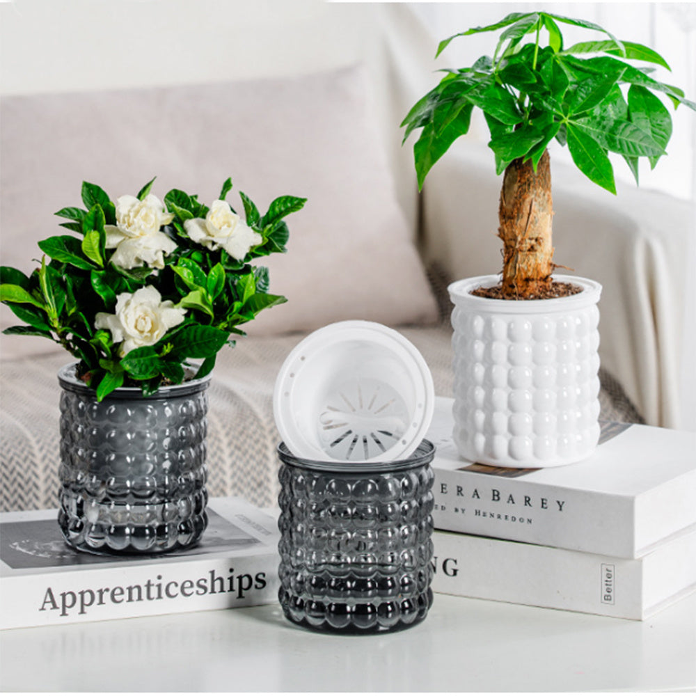 4 modern self-watering plant containers with deep reservoir, oval-shaped indoor plastic flower pots, lightweight tabletop planters for houseplants and flowers, 10.16 cm in size.