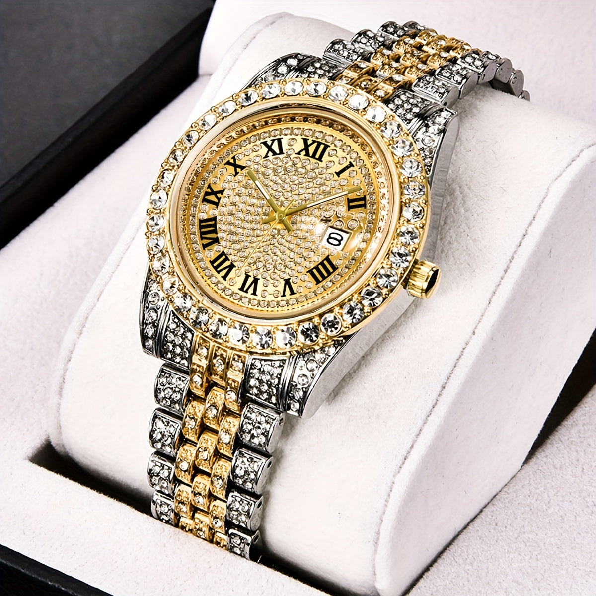 Elegant and luxurious full artificial diamond steel strap quartz watch with calendar, perfect for parties and gift-giving.