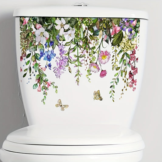 1pc Vibrant Tropical Floral & Butterfly Toilet Sticker - Self-adhesive, Easy to Apply on Ceramic Surfaces, Semi-Matte Finish for Refreshing Home Decor, Bathroom Accessory