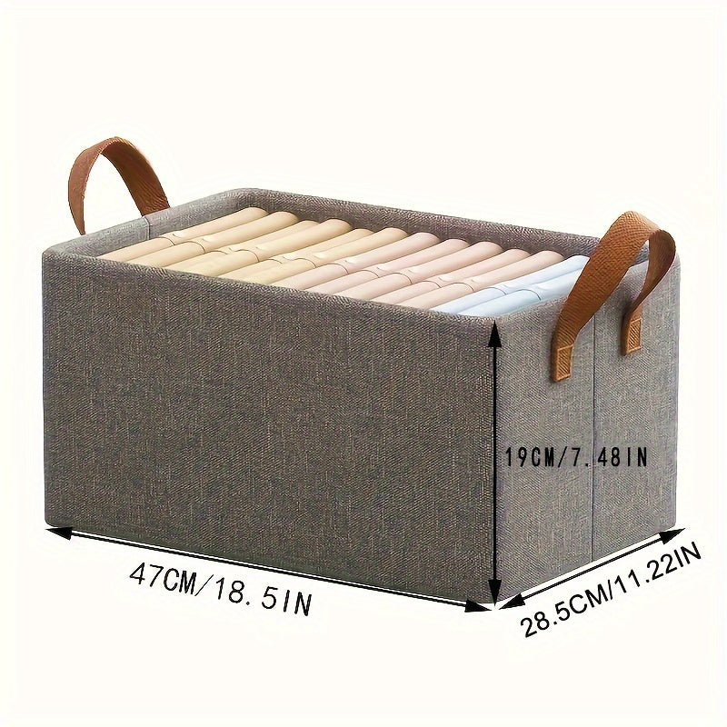 Fabric storage box that folds easily, featuring a sturdy steel frame and a polyester blend drawer organizer for storing clothes and pants in your home wardrobe.