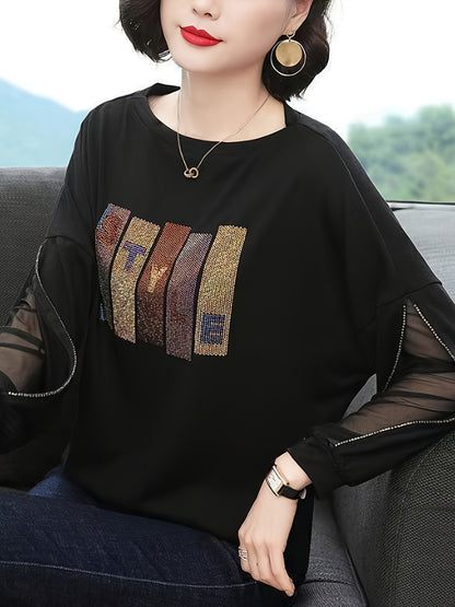 Women's rhinestone embellished loose-fit blouse with letter pattern design, made of polyester knit with mesh panels and a round neck for spring/autumn.