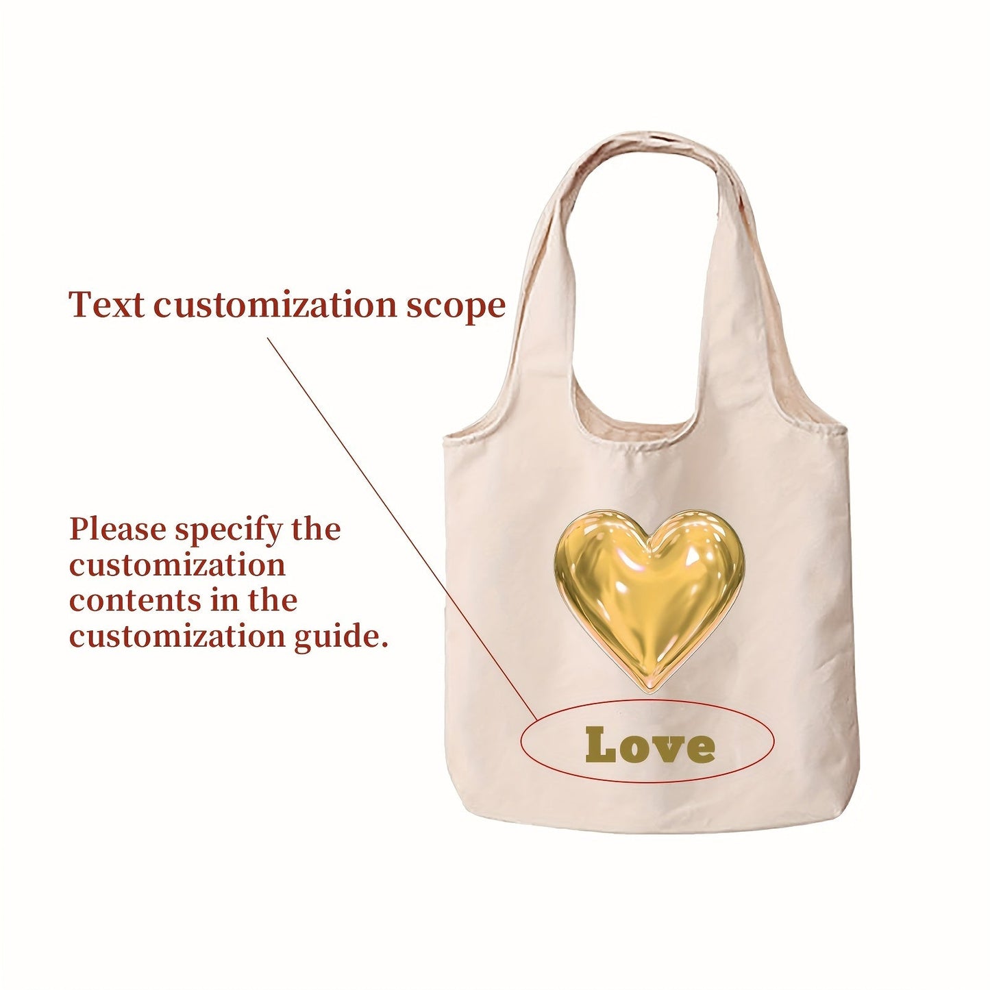 Customize your tote bag with custom text and a heart pattern. Available in sets of 1, 3, or 9 pieces, this personalized canvas bag can be printed on both sides. Perfect for daily commutes, outdoor picnics, parties, traveling, and shopping.