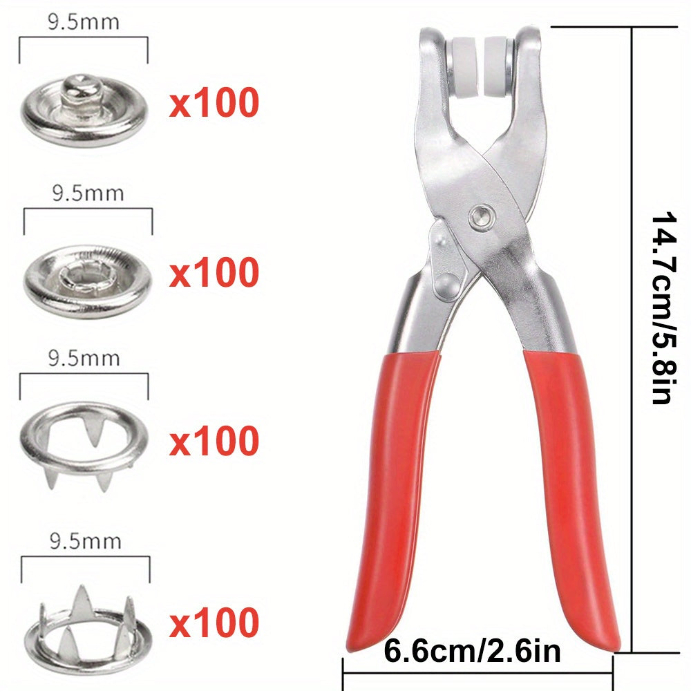 Iron fastener set includes 400 pieces with plier for DIY clothing, ideal for sewing enthusiasts of all levels.