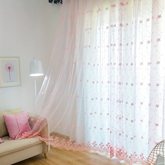 Vintage French Style Sheer Curtain with Flower Embroidery, Perfect for Bedroom or Living Room Decor in Farmhouse or Romantic Bay Window Settings, Grommet Top Rings for Easy Installation