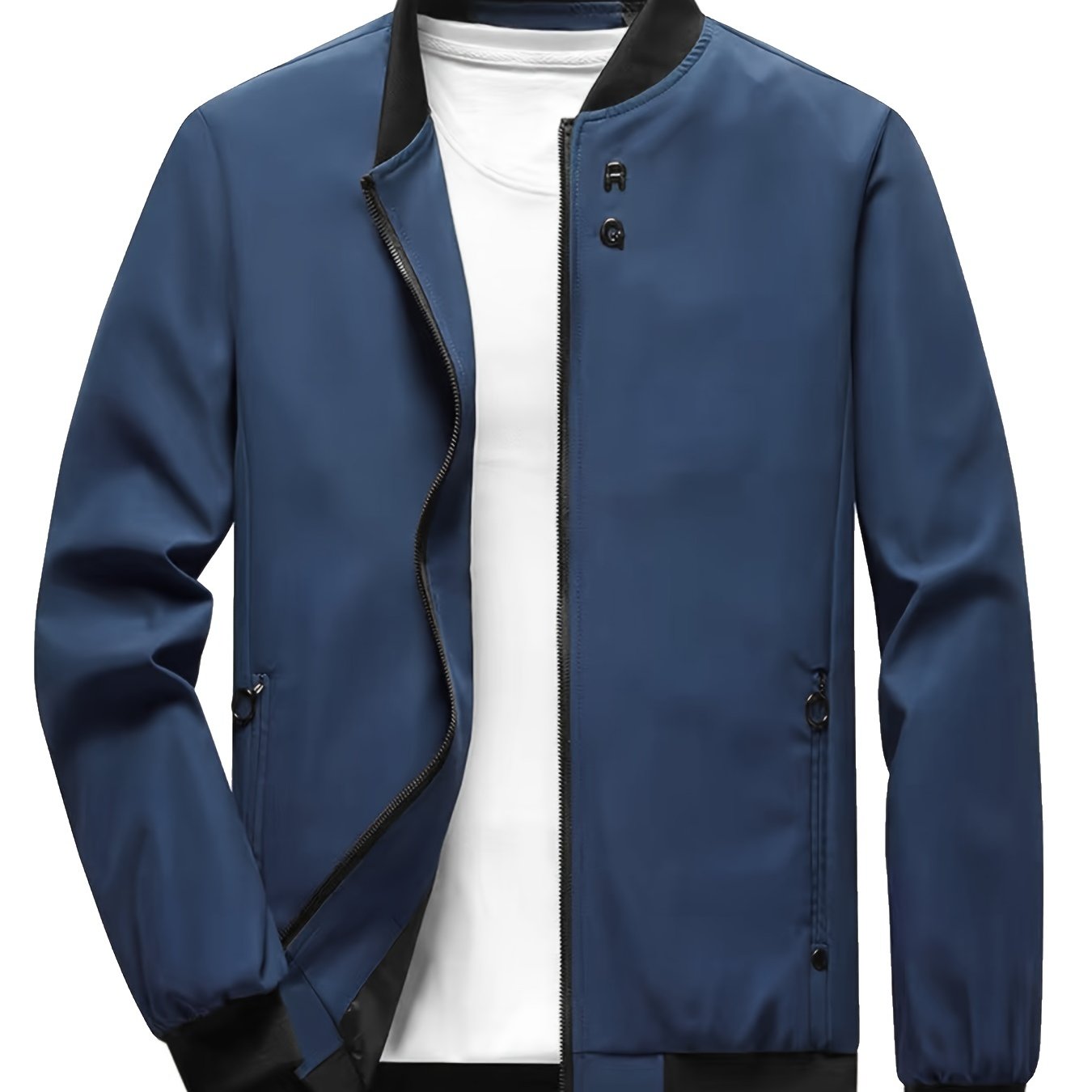 Casual long-sleeved jacket with zip, stand collar, pockets, and slim fit; ideal for spring and autumn.