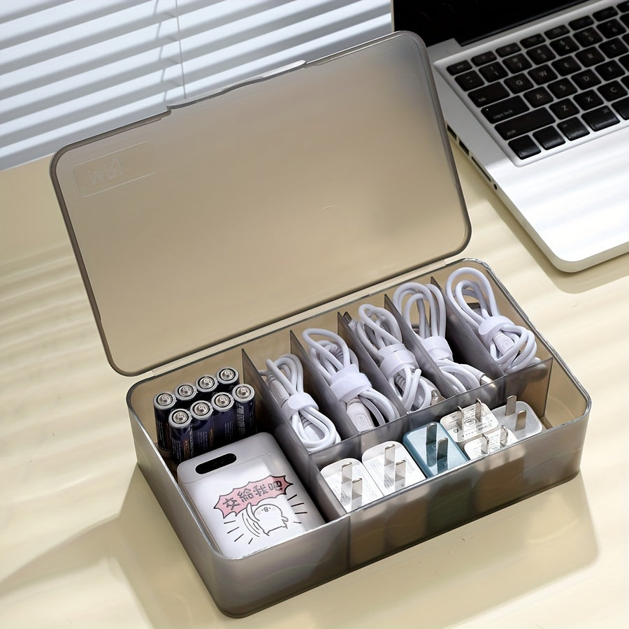 Organize household items with this versatile desk storage box featuring grids and a lid for storing cables, chargers, batteries, nail art sheets, hair accessories, and other tools. Perfect for home organization.