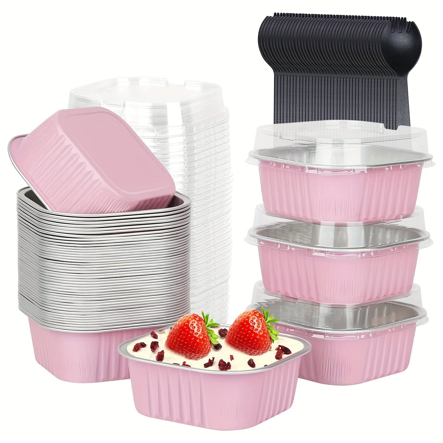 [Top Pick] Pack of 10 or 50 5oz Mini Disposable Cake Pans with Lids and Spoons, Square Aluminum Foil Baking Cups, 3.5x3.5 Small Cake Tins with Lids for Individual Cakes