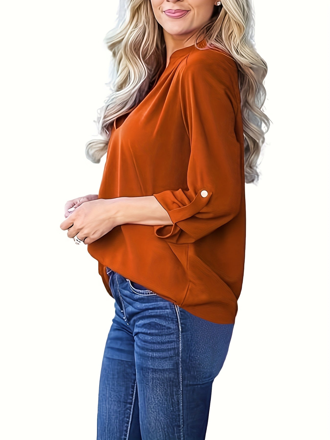 Elegant plus size V-neck blouse with roll-up sleeves in a solid color, machine washable, perfect for casual outings.