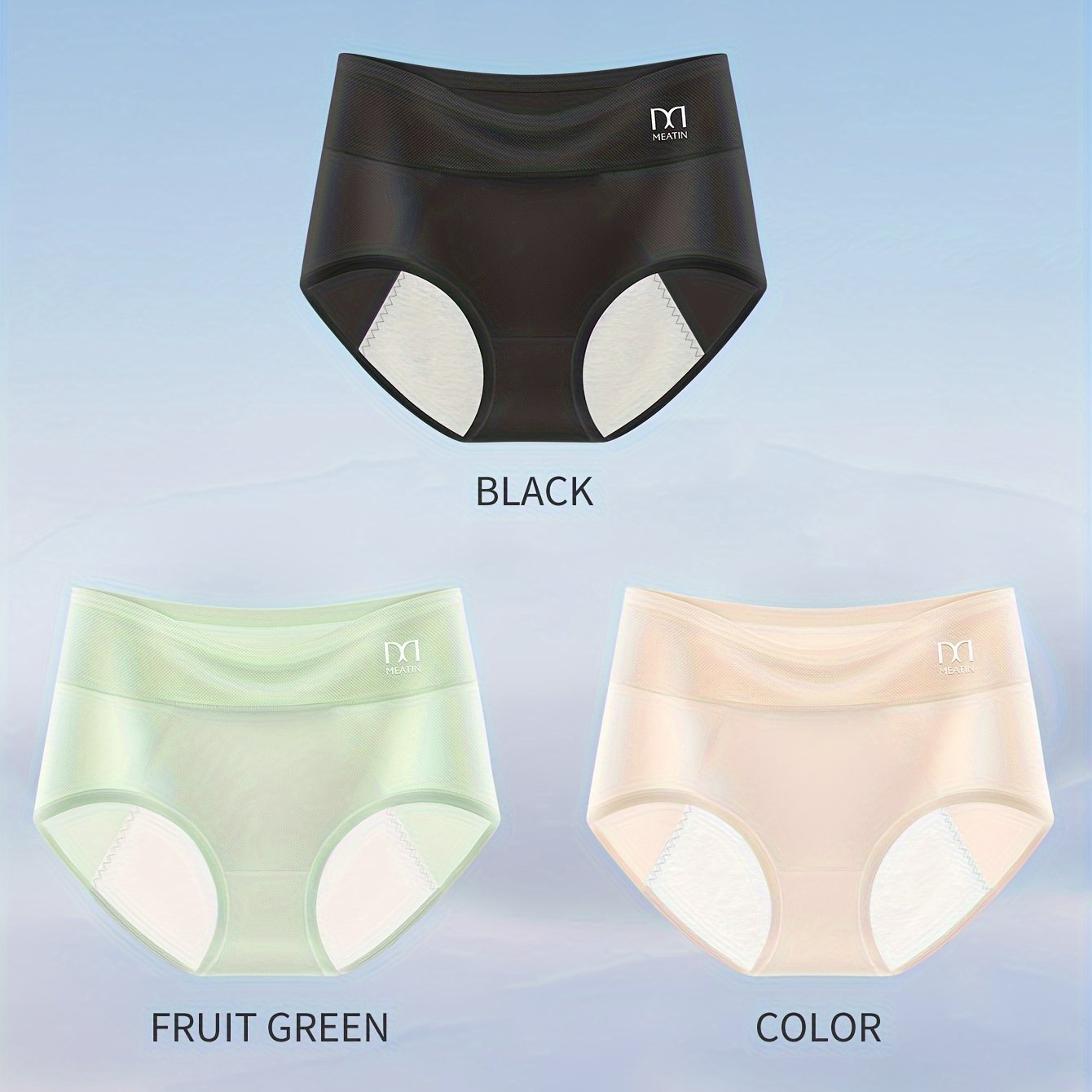 3 breathable ice silky menstrual panties for women feature a leak-proof, comfortable fit for postpartum and physiological needs. Available in black, mint green, and light beige/peach, these