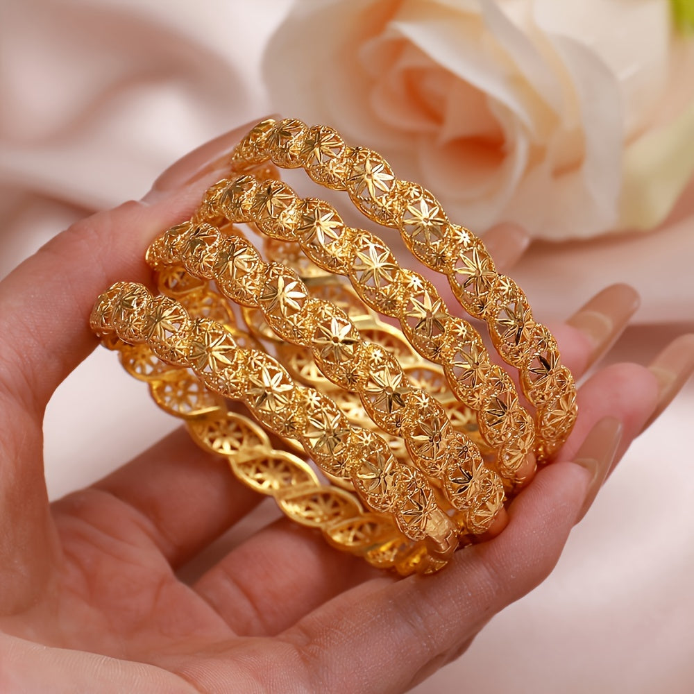 One pack of an elegant and sexy 24K golden plated hollow cuff bracelet with a classic octagonal flower design. Made of copper material, this bracelet is versatile for daily wear and special occasions.