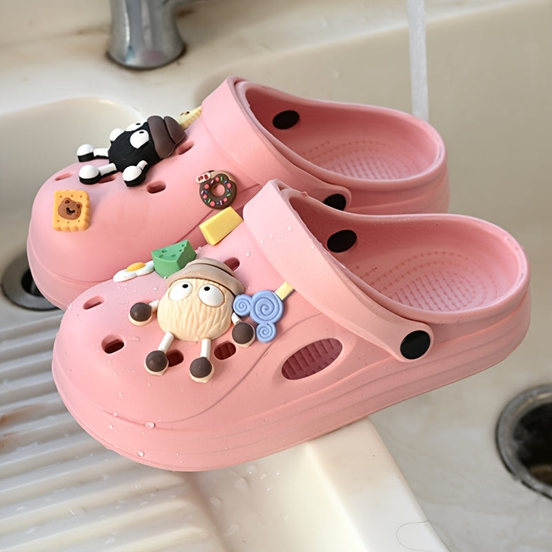 Beige EVA Clogs with Food & Cartoon Charms - Comfortable Slip-On Sandals for All Seasons, Easy to Clean