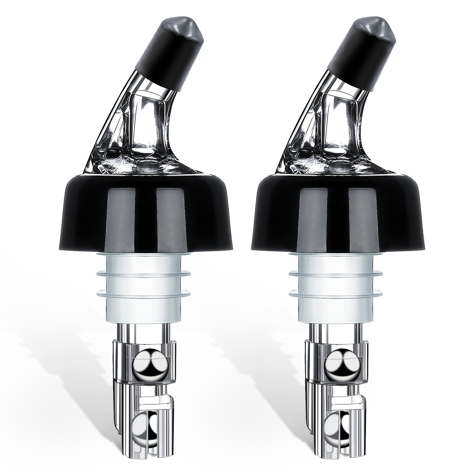 Two 1oz bottle pourers designed for dispensing alcohol, perfect for tequila, cocktails, and whiskey in a home bar. Ideal for bartenders.