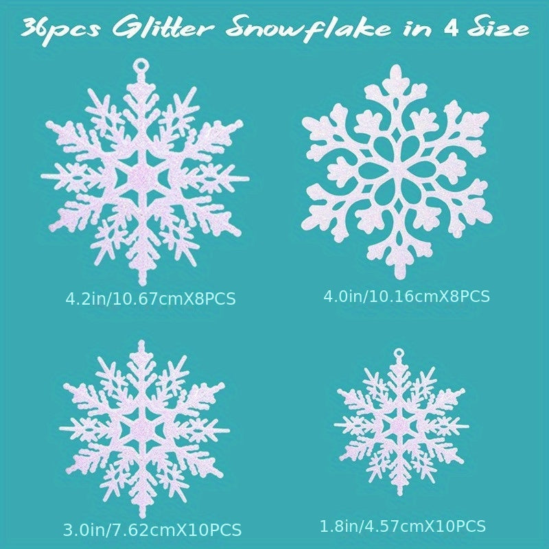 Set of 36 Sparkling Snowflake Ornaments for Christmas Tree, Windows, and Doors - Made of Plastic