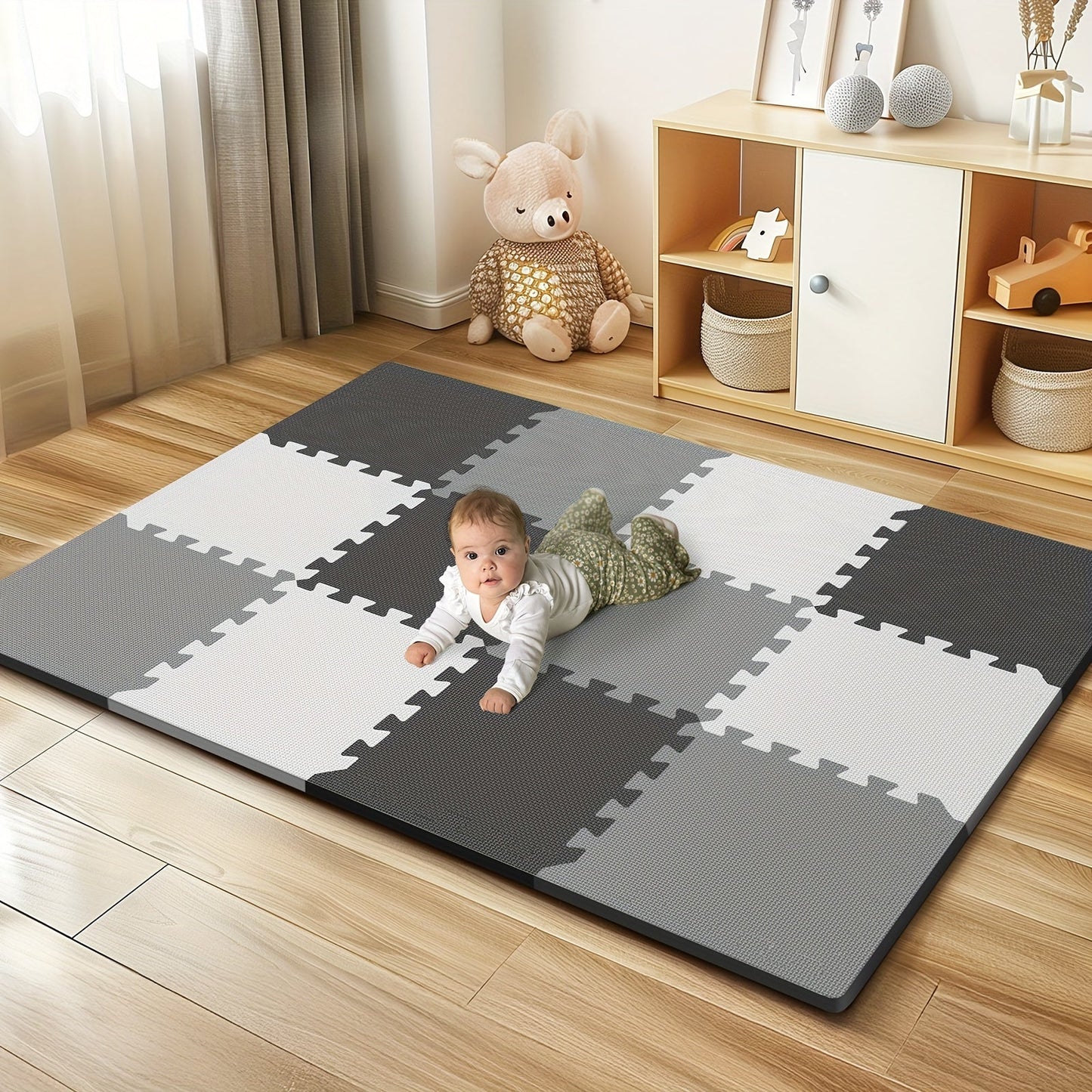 Soft and waterproof PE foam playmat designed for babies and kids. Includes 12/16 interlocking floor tiles with carry edges for indoor and outdoor play areas. Non-toxic crawling mat with a cushioned and spliceable design. Each tile measures 31.5cm and