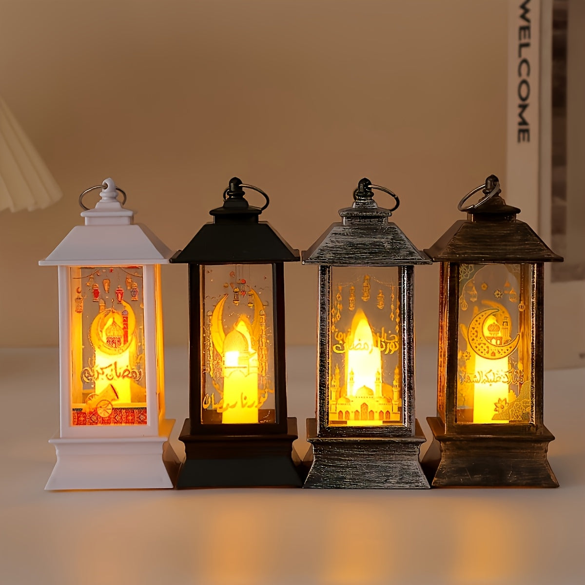 Rustic LED lantern for home decor and festive celebrations, battery operated with included button battery, perfect for Eid al-Fitr and holiday ambiance. Traditional style lantern made of