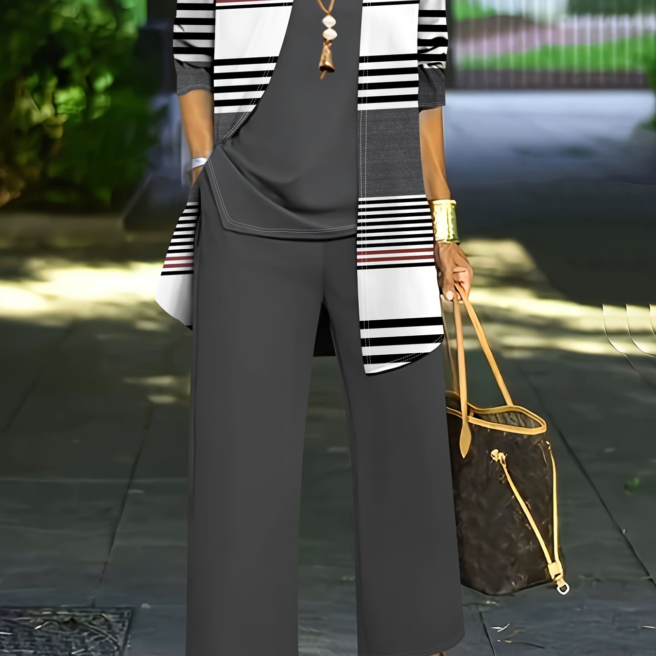 3-piece polyester knit pantsuit for all seasons, featuring a striped cardigan, solid color vest, and wide-leg pants with pockets.