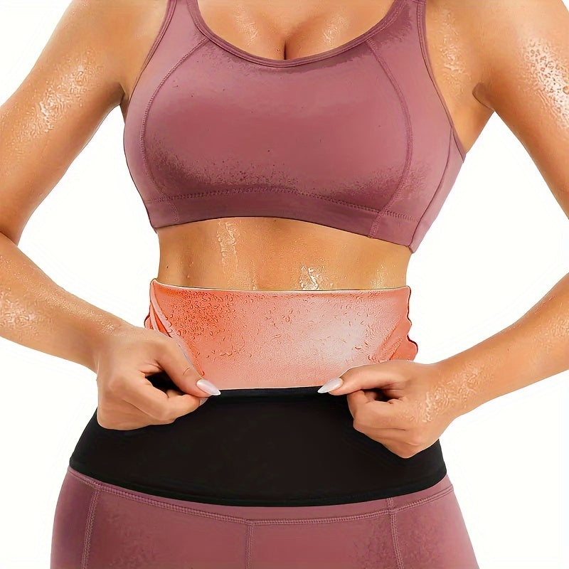 Women's high-sweat waist trainer belt made of 90% polyester and 10% spandex knit fabric, with sauna effect for tummy control and abdominal tightening. Medium control with pull-on closure