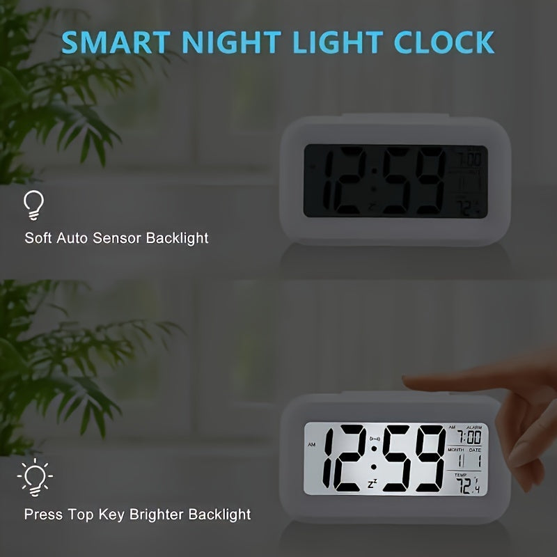 Smart LCD Display Digital Alarm Clock with Indoor Temperature, Date, and Light Sensor - Features Backlight and Night Light, Ideal for Home and Bedroom Use. Battery Operated Desk Clock suitable for Ages 14 and Up.