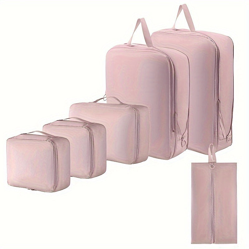 Durable 6-piece packing cubes set made of polyester for organizing clothes, toiletries, and luggage while traveling.