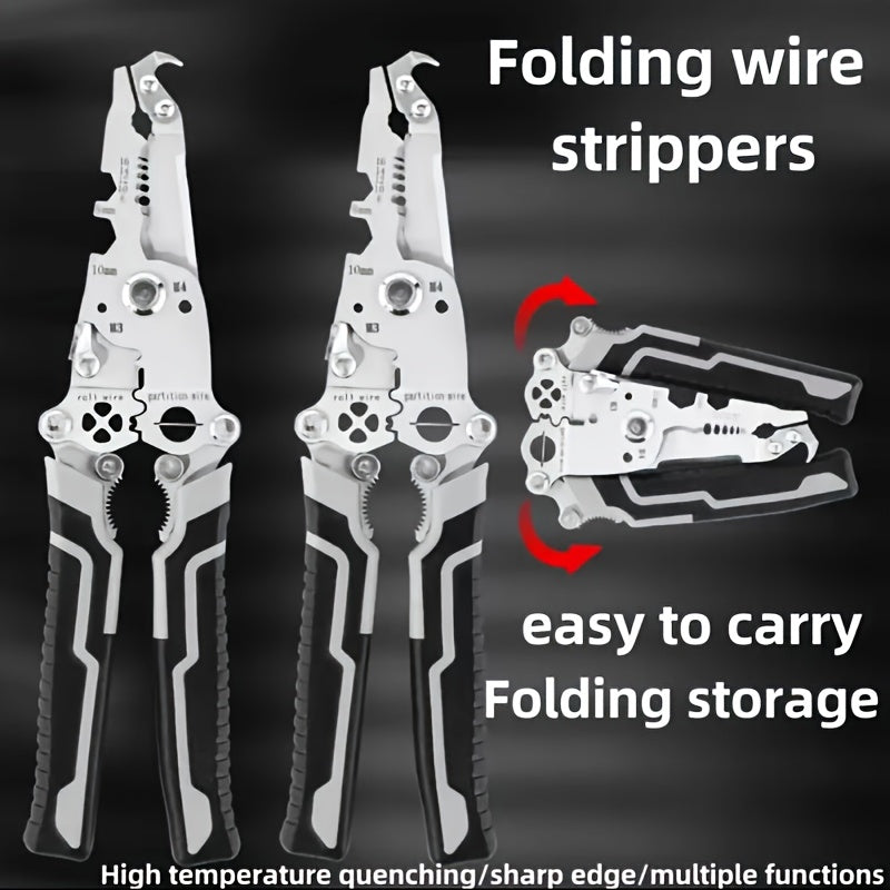 Multi-functional wire stripper tool for various tasks like stripping, cutting, wrenching, twisting, pulling nails, and using as a screwdriver. Features convenient storage and is ideal for