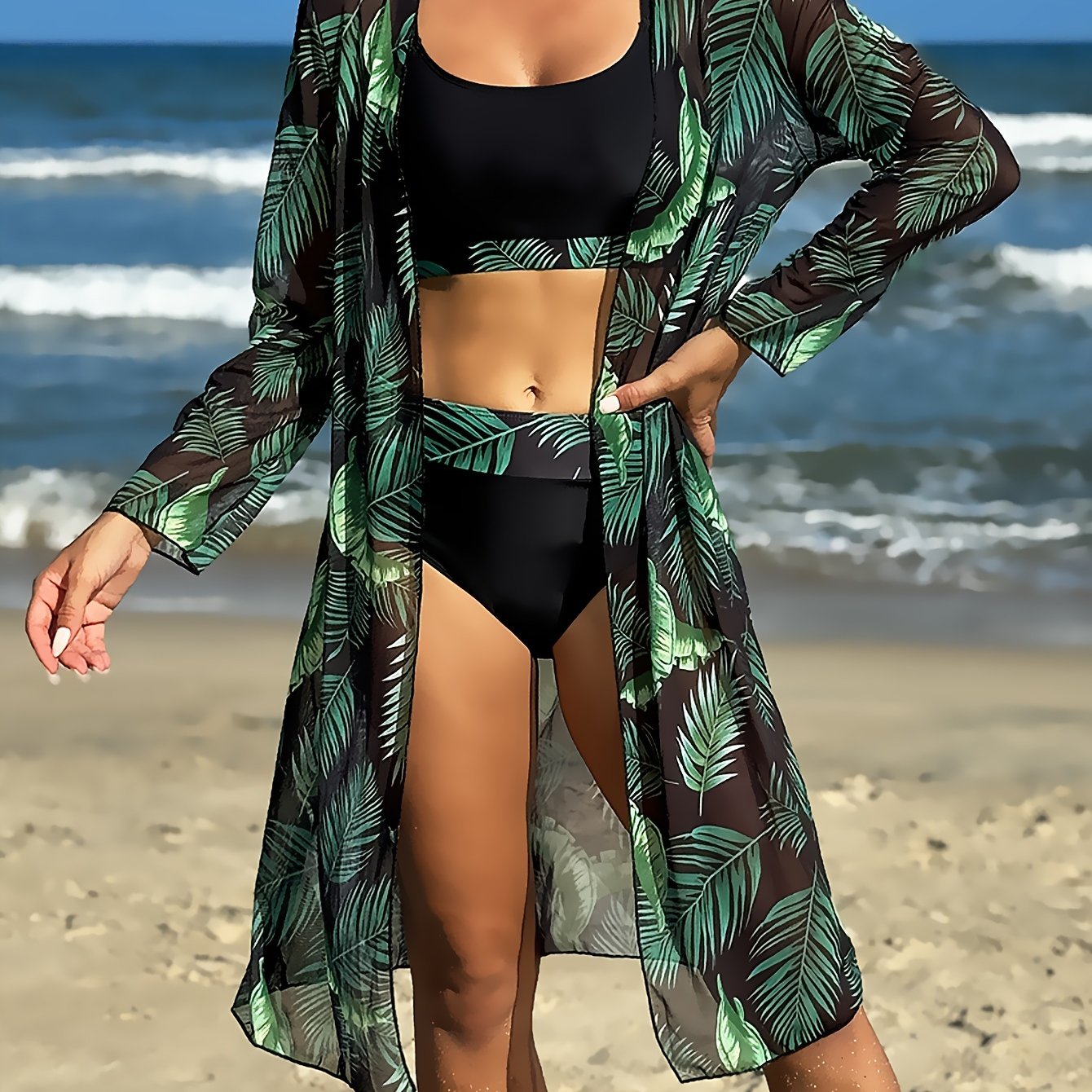 Tropical plant print cover-up set with sun protection for women.