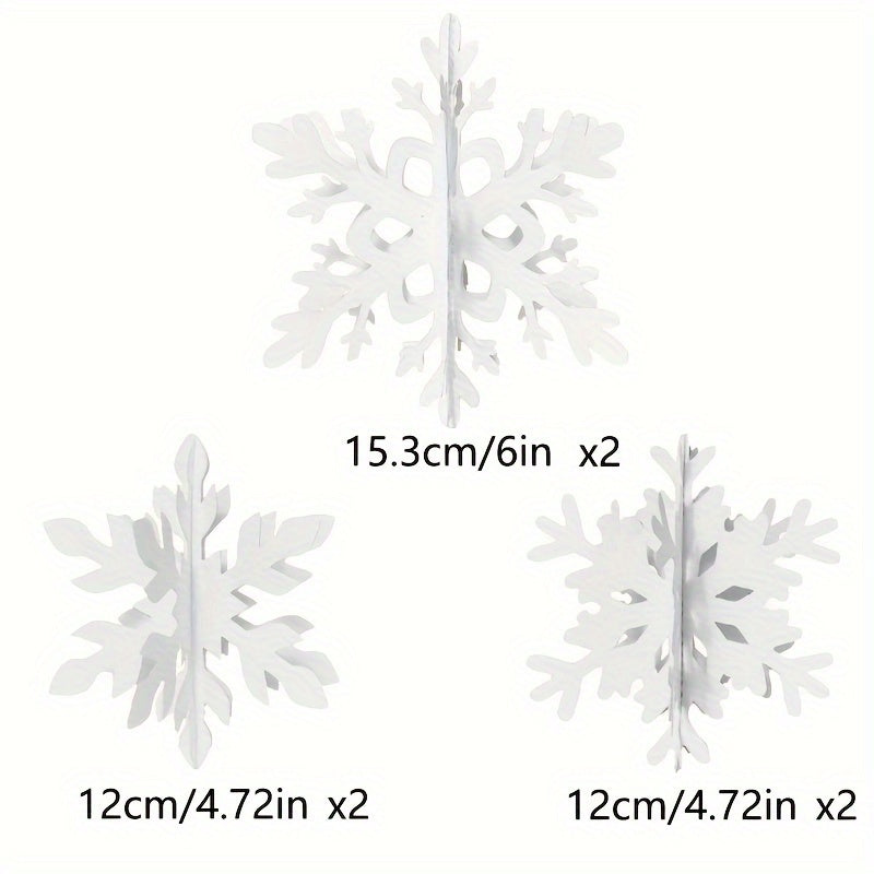 6 elegant 3D snowflake hanging decorations for Christmas and seasonal parties - no electricity required.