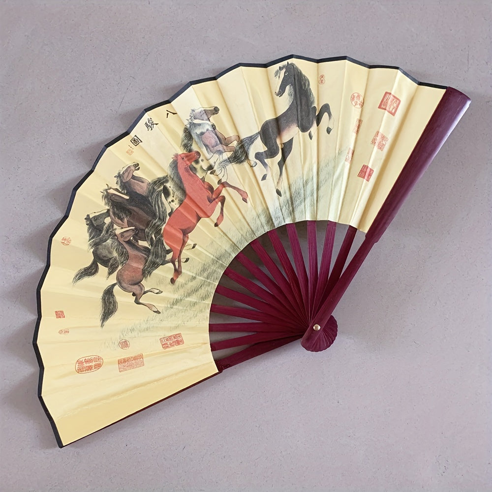 Ancient Style Chinese Fan with Exquisite Peony Plum Eight Jun Picture, 8-Inch Folding Fan